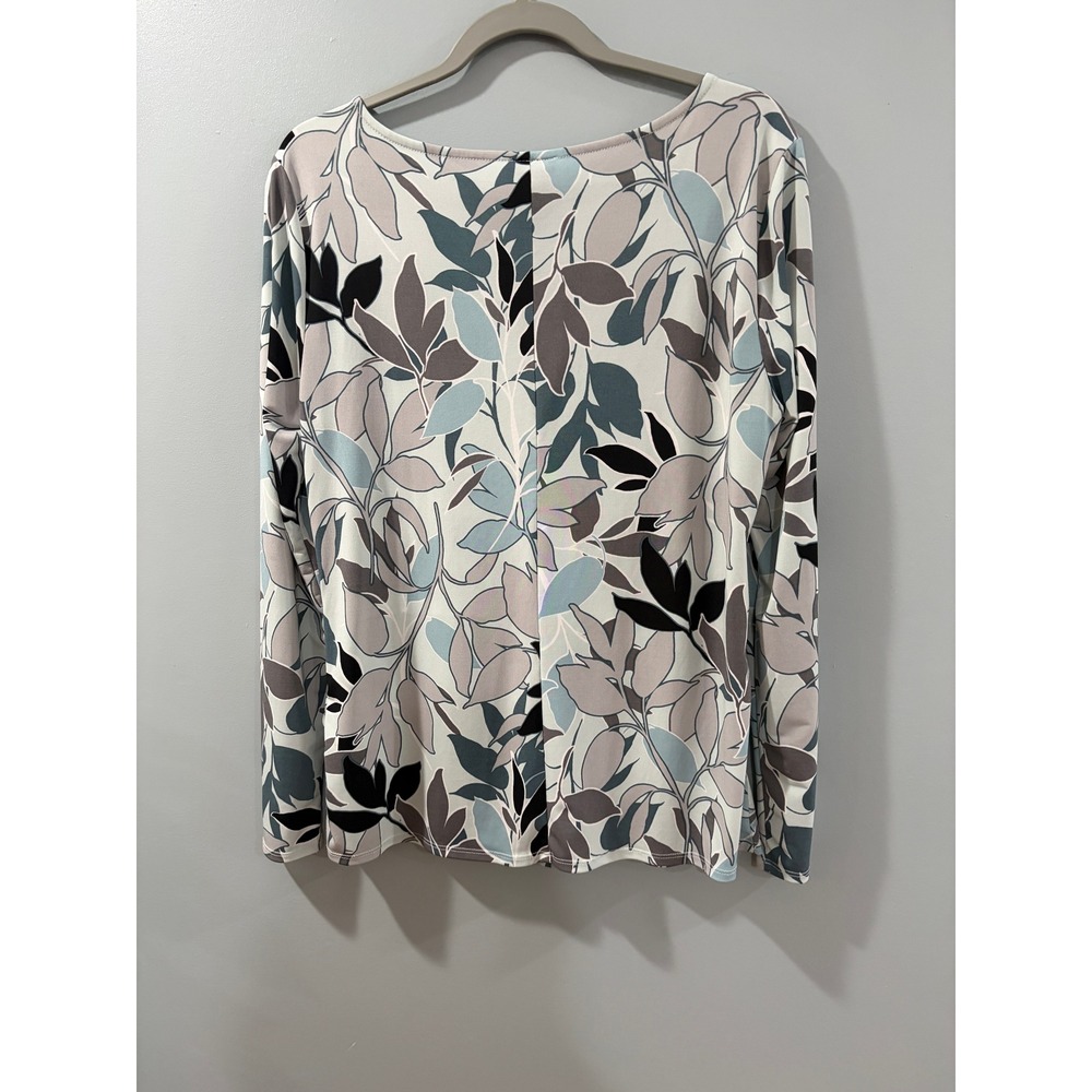 Ann Taylor Factory Womens Floral Leaf Twist Front Long Sleeve Top Blue Taupe L - Picture 2 of 5